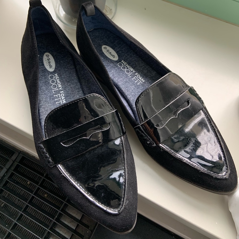 Dr Scholls black faux leather loafers